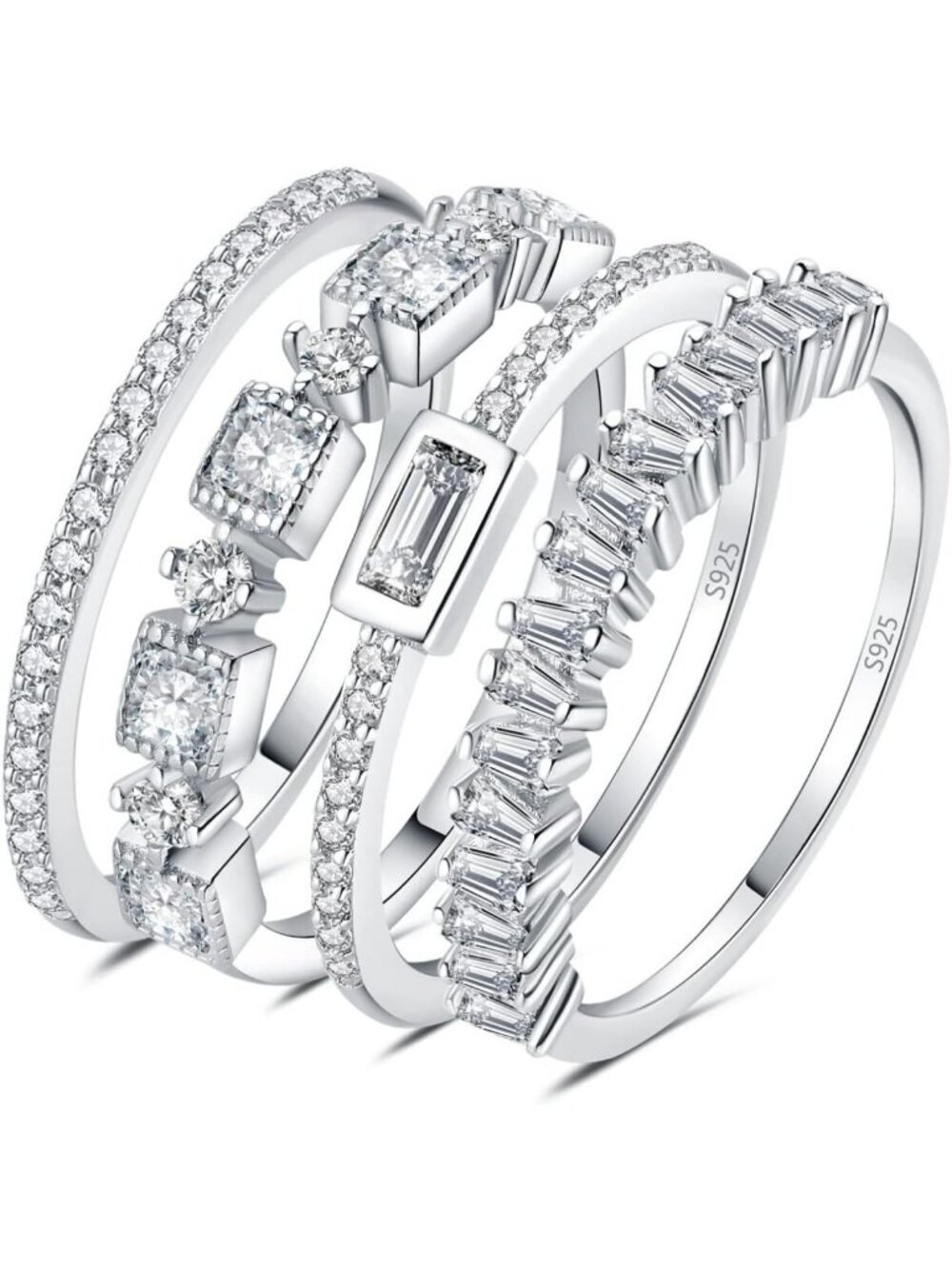 Elegant Emerald Cut CZ Stackable Wedding Ring Set - 4pc Eternity Bands for Women